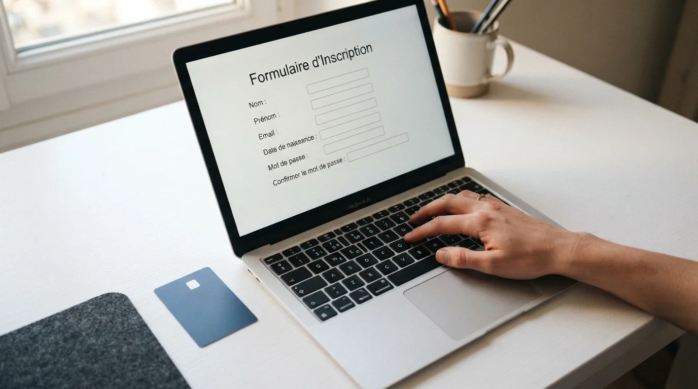 Une main qui remplit un formulaire d'inscription sur l'écran d'un ordinateur portable, une carte bancaire posée à côté