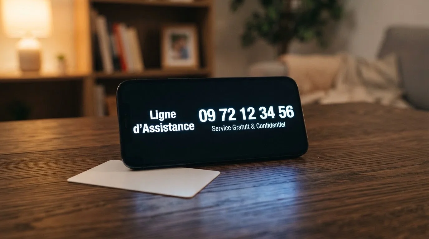 Un téléphone posé sur un bureau affichant le numéro de Joueurs Info Service, avec une carte IVJ partiellement visible à côté
