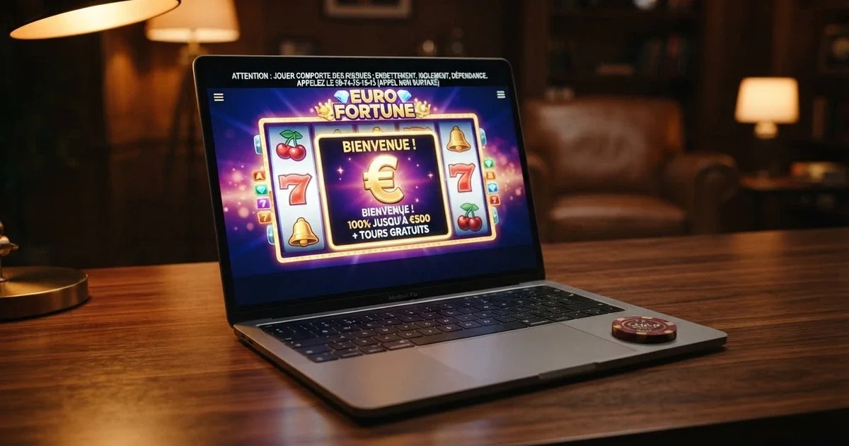 Un écran affichant une offre de bonus de bienvenue sur un casino en ligne, avec un bandeau d'avertissement légal en surimpression