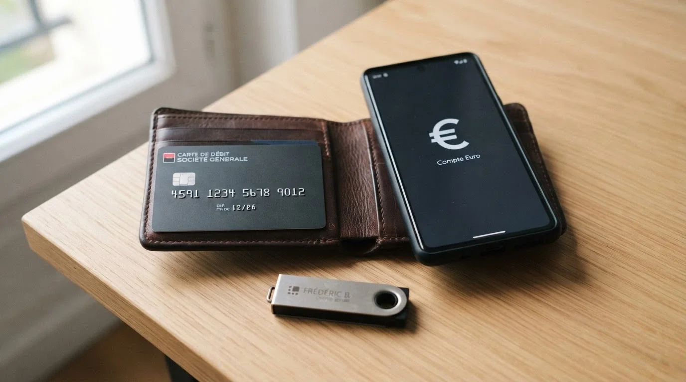 Un portefeuille ouvert montrant plusieurs moyens de paiement : une carte Visa, un téléphone affichant un e-wallet, une clé USB symbolisant la crypto