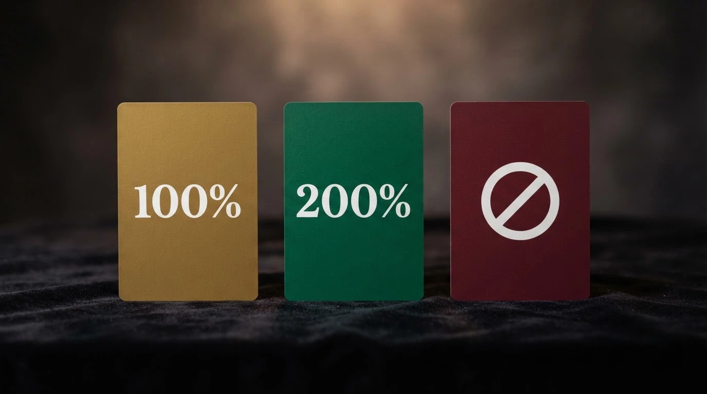 Trois cartes de bonus de bienvenue alignées côte à côte : une offre à 100 %, une offre à 200 %, une offre sans dépôt